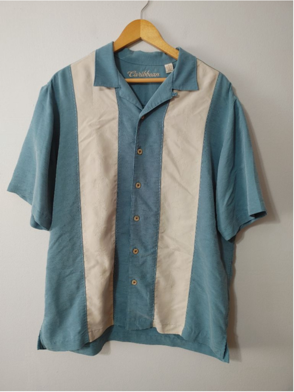 Men's Caribbean Teal & Beige Striped Casual Soft Modal Bowling Shirt L